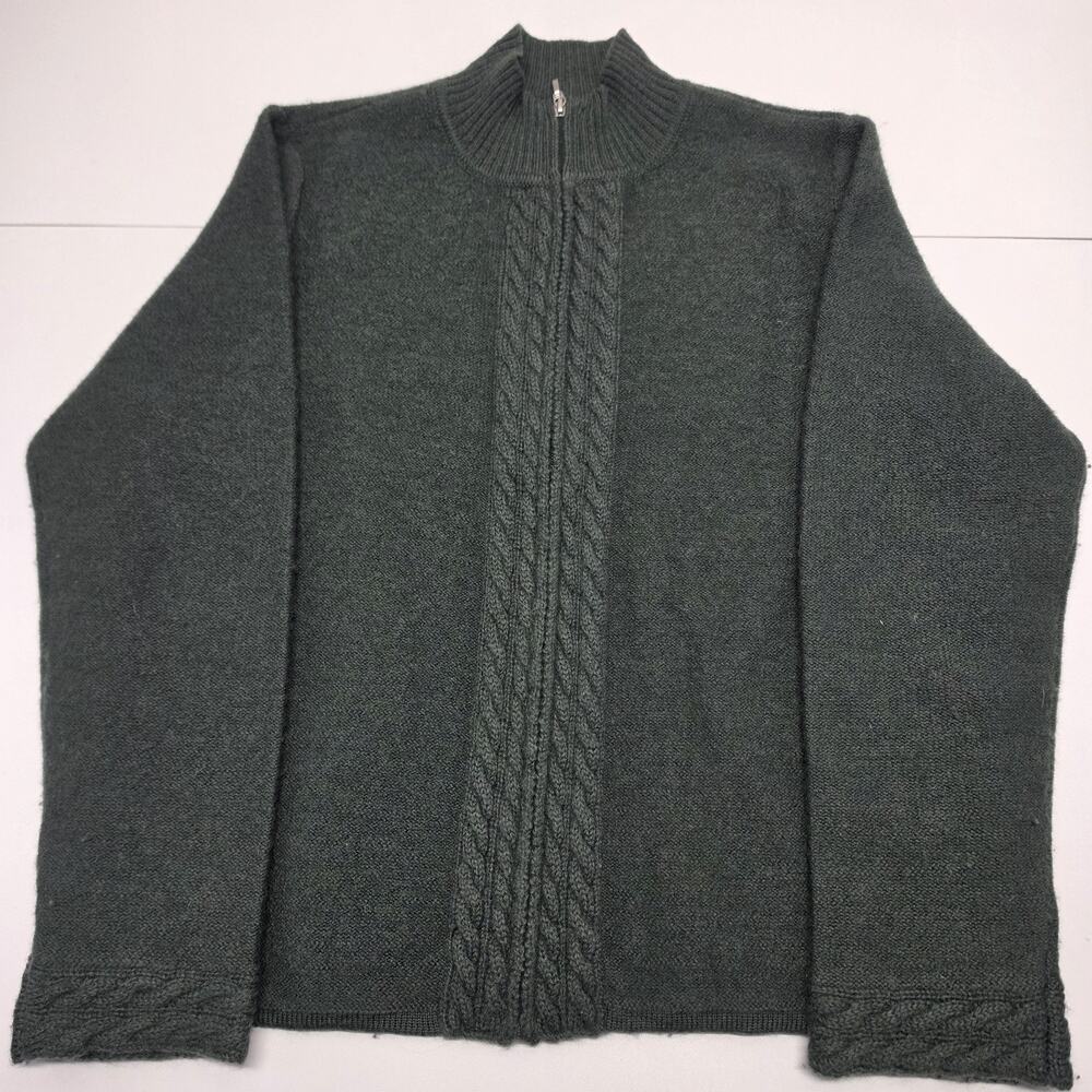 Vintage Green Cable Knit Wool Zip Up Cardigan Womens Medium Preppy Coastal